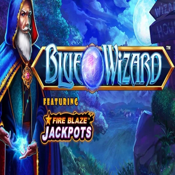 Blue Wizard Fire Blaze Jackpots slot logo by Rarestone Gaming at WinRolla Casino